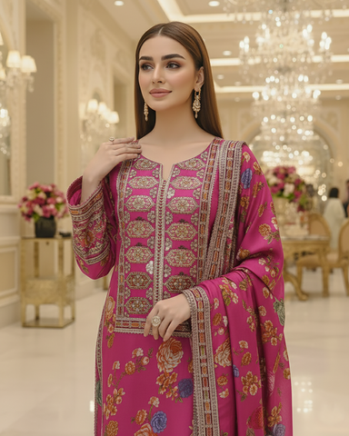 Designer Three Piece | Embroidered - Nimra | Shamoz Silk