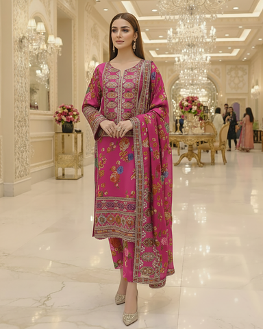 Designer Three Piece | Embroidered - Nimra | Shamoz Silk
