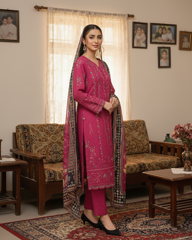 Designer Three Piece | Embroidered - Mehboob | Winter Cotton