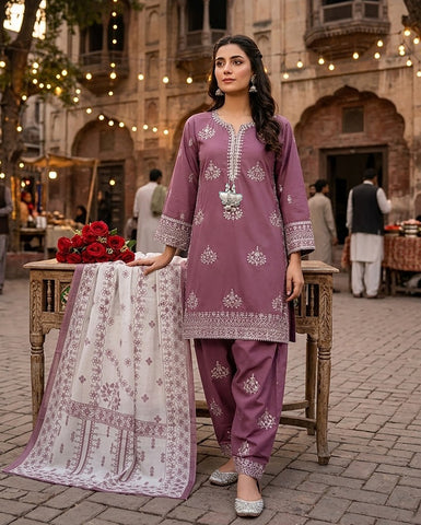 Designer Three Piece | Embroidered Handwork - Sakura | Summer Lawn