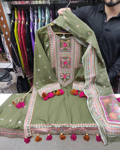 Designer Three Piece | Embroidered - Badshah Begum | Premium Plain Lawn