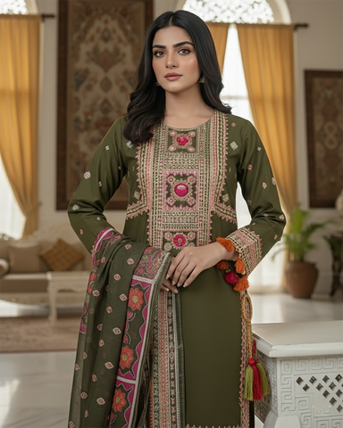Designer Three Piece | Embroidered - Badshah Begum | Premium Plain Lawn