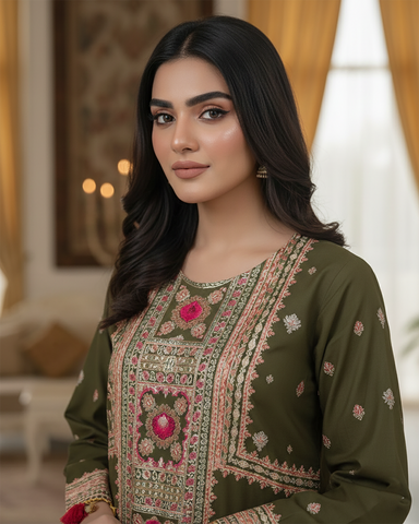Designer Three Piece | Embroidered - Badshah Begum | Premium Plain Lawn