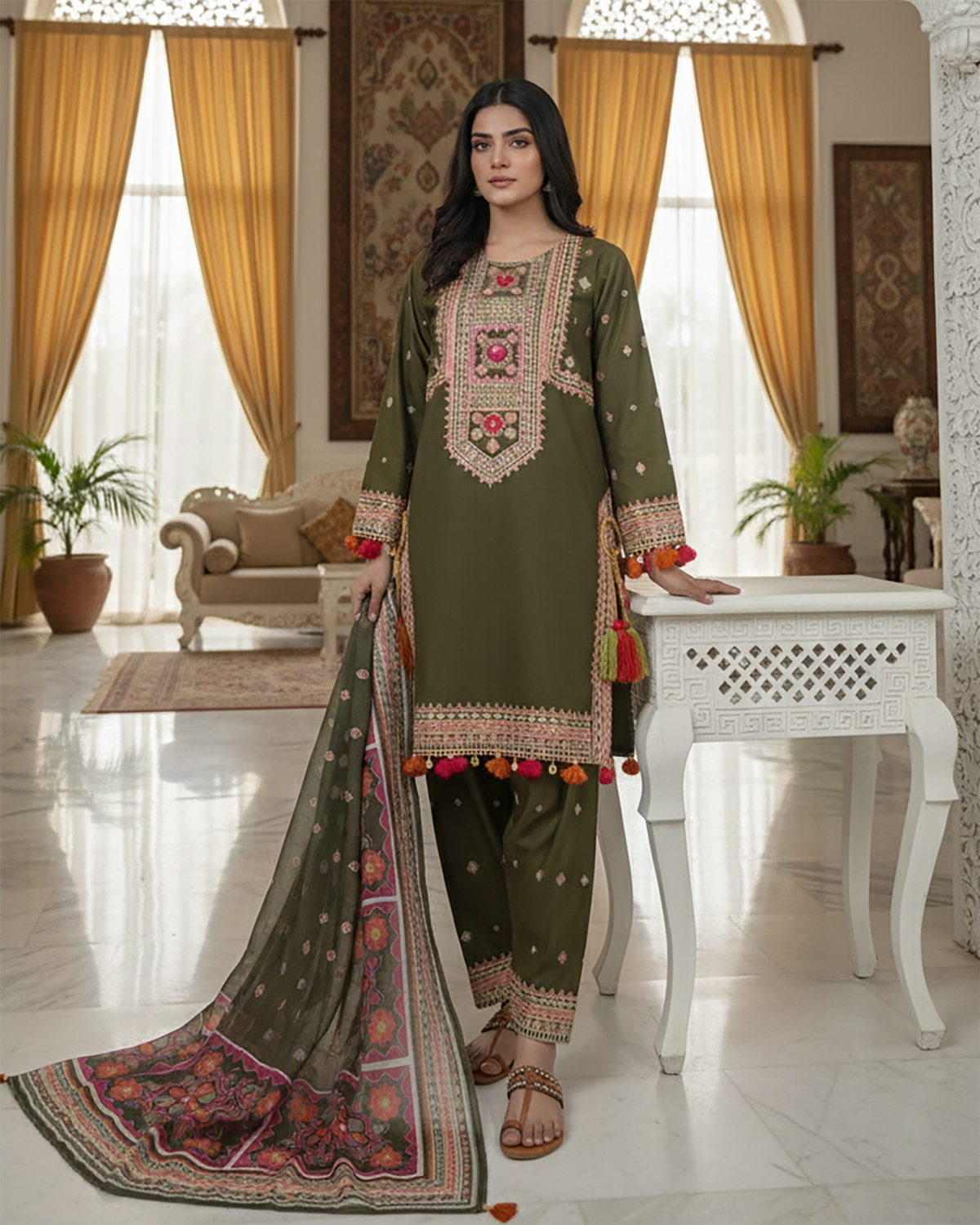 Designer Three Piece | Embroidered - Badshah Begum | Premium Plain Lawn