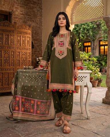 Designer Three Piece | Embroidered - Badshah Begum | Premium Plain Lawn