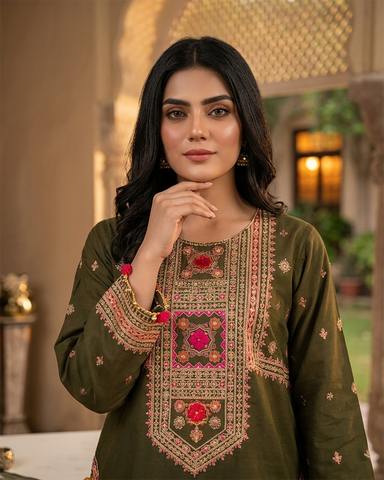 Designer Three Piece | Embroidered - Badshah Begum | Premium Plain Lawn
