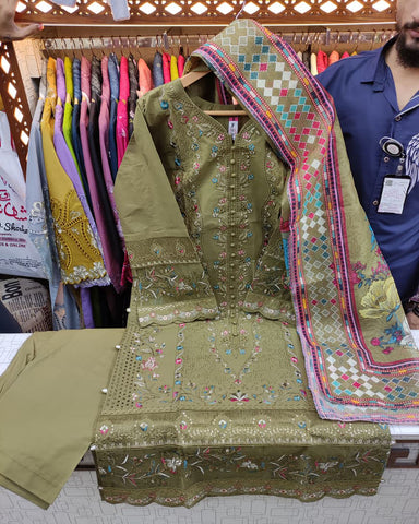 Designer Three Piece | Embroidered - Mehboob | Winter Cotton