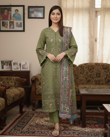 Designer Three Piece | Embroidered - Mehboob | Winter Cotton