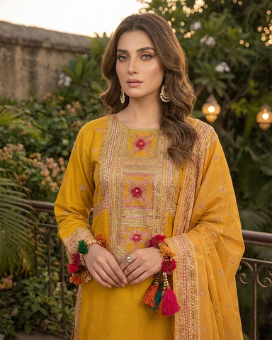 Designer Three Piece | Embroidered - Badshah Begum | Premium Plain Lawn