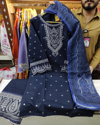 Designer Three Piece | Exquisite Embroidered | Winter Self Cotton