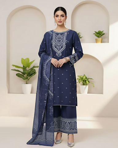 Designer Three Piece | Exquisite Embroidered | Winter Self Cotton