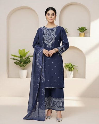 Designer Three Piece | Exquisite Embroidered | Winter Self Cotton