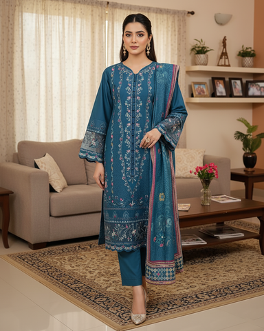 Designer Three Piece | Embroidered - Mehboob | Winter Cotton