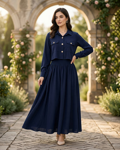 Cropped Jacket - Shirred Maxi -  Breathable Blended Western Fabric