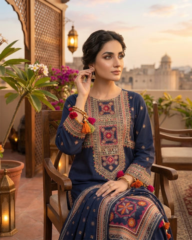 Designer Three Piece | Embroidered - Badshah Begum | Premium Plain Lawn