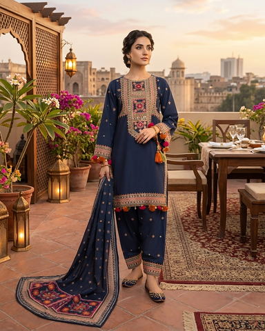 Designer Three Piece | Embroidered - Badshah Begum | Premium Plain Lawn