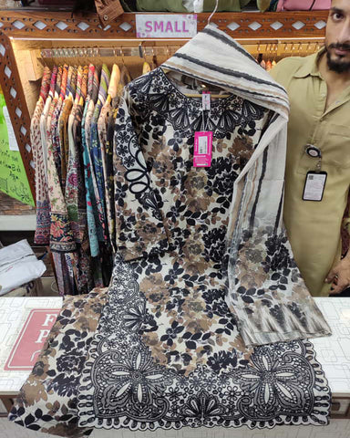 Designer Three Pieces | Embroidered Printed - Organza Patched | Winter Cambric Cotton