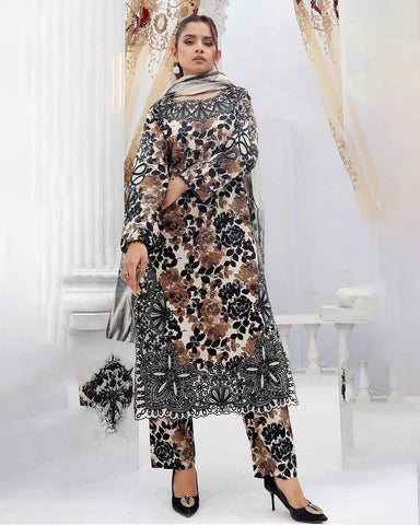 Designer Three Pieces | Embroidered Printed - Organza Patched | Winter Cambric Cotton