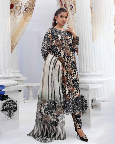 Designer Three Pieces | Embroidered Printed - Organza Patched | Winter Cambric Cotton