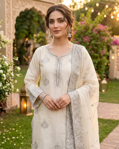 Designer Three Piece | Embroidered Handwork - Luxury Sakura | Premium Lawn