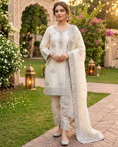 Designer Three Piece | Embroidered Handwork - Luxury Sakura | Premium Lawn