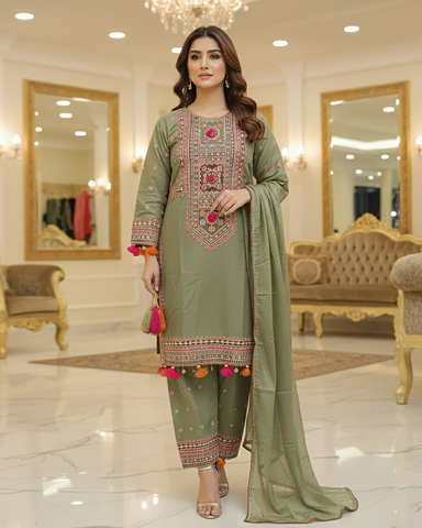 Designer Three Piece | Embroidered - Badshah Begum | Premium Khaddar