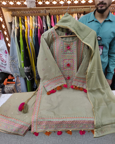 Designer Three Piece | Embroidered - Badshah Begum | Premium Khaddar