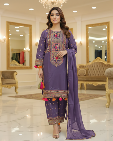 Designer Three Piece | Embroidered - Badshah Begum | Premium Khaddar
