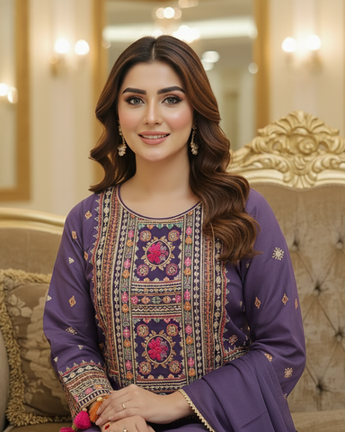 Designer Three Piece | Embroidered - Badshah Begum | Premium Khaddar