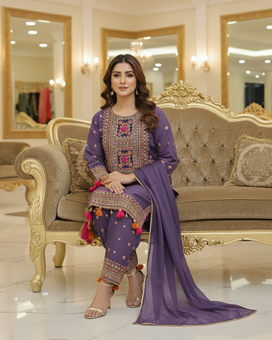 Designer Three Piece | Embroidered - Badshah Begum | Premium Khaddar