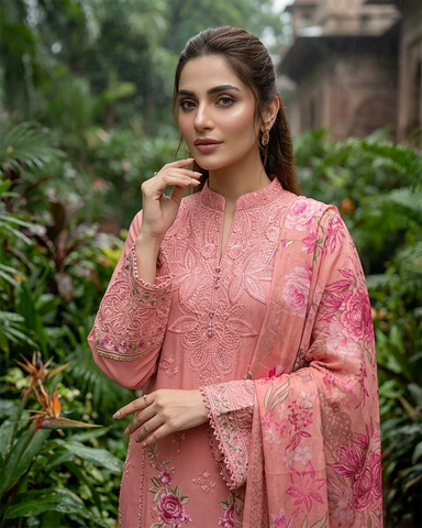 Designer Three Piece | Embroidered - Zara 3D Leaves | Cotton Lawn