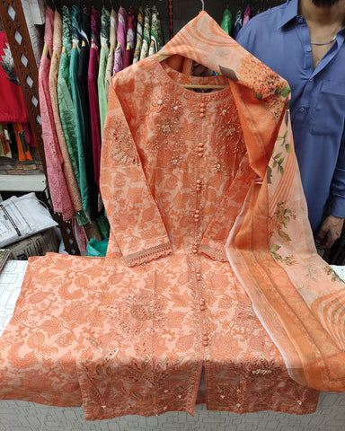Designer Three Piece | Embroidered - Trio Button | Cotton Lawn
