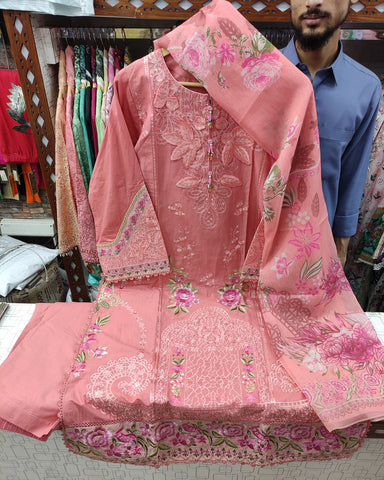 Designer Three Piece | Embroidered - Zara 3D Leaves | Cotton Lawn