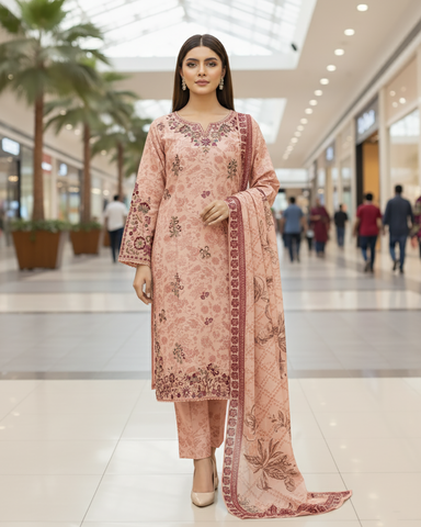 Embroidered Designer Three Piece | Printed - Rung Rallian | Winter Cotton