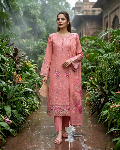 Designer Three Piece | Embroidered - Zara 3D Leaves | Cotton Lawn