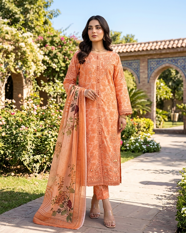 Designer Three Piece | Embroidered - Trio Button | Cotton Lawn