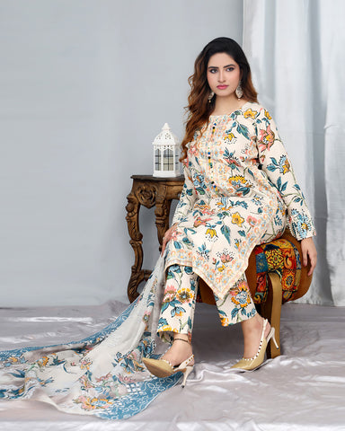 Designer Printed Three Piece | Embroidered - Pearl One | Winter Cotton