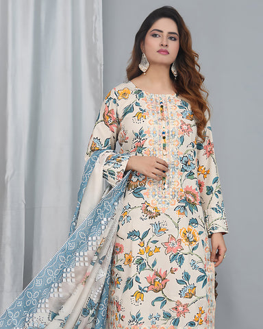 Designer Printed Three Piece | Embroidered - Pearl One | Winter Cotton