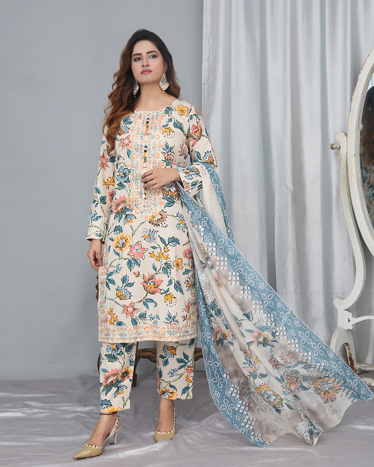 Designer Printed Three Piece | Embroidered - Pearl One | Winter Cotton