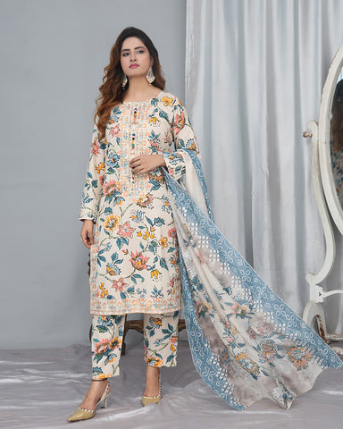 Designer Printed Three Piece | Embroidered - Pearl One | Winter Cotton