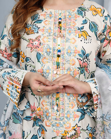 Designer Printed Three Piece | Embroidered - Pearl One | Winter Cotton