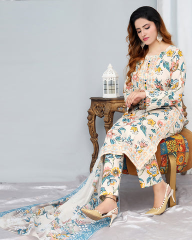 Designer Printed Three Piece | Embroidered - Pearl One | Winter Cotton