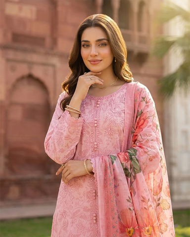Designer Three Piece | Embroidered - Trio Button | Cotton Lawn