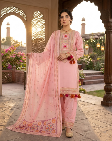 Designer Three Piece | Embroidered - Badshah Begum | Premium Plain Lawn