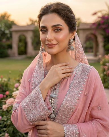 Designer Three Piece | Embroidered Handwork - Luxury Sakura | Premium Lawn