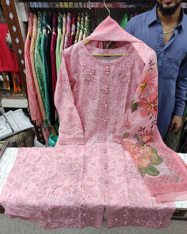 Designer Three Piece | Embroidered - Trio Button | Cotton Lawn
