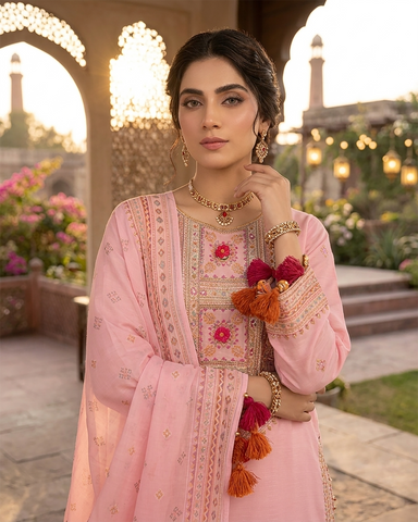 Designer Three Piece | Embroidered - Badshah Begum | Premium Plain Lawn
