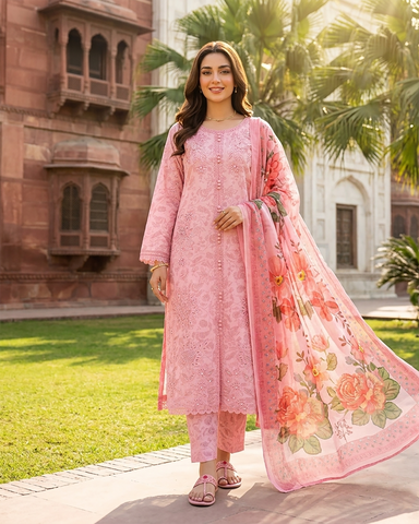 Designer Three Piece | Embroidered - Trio Button | Cotton Lawn