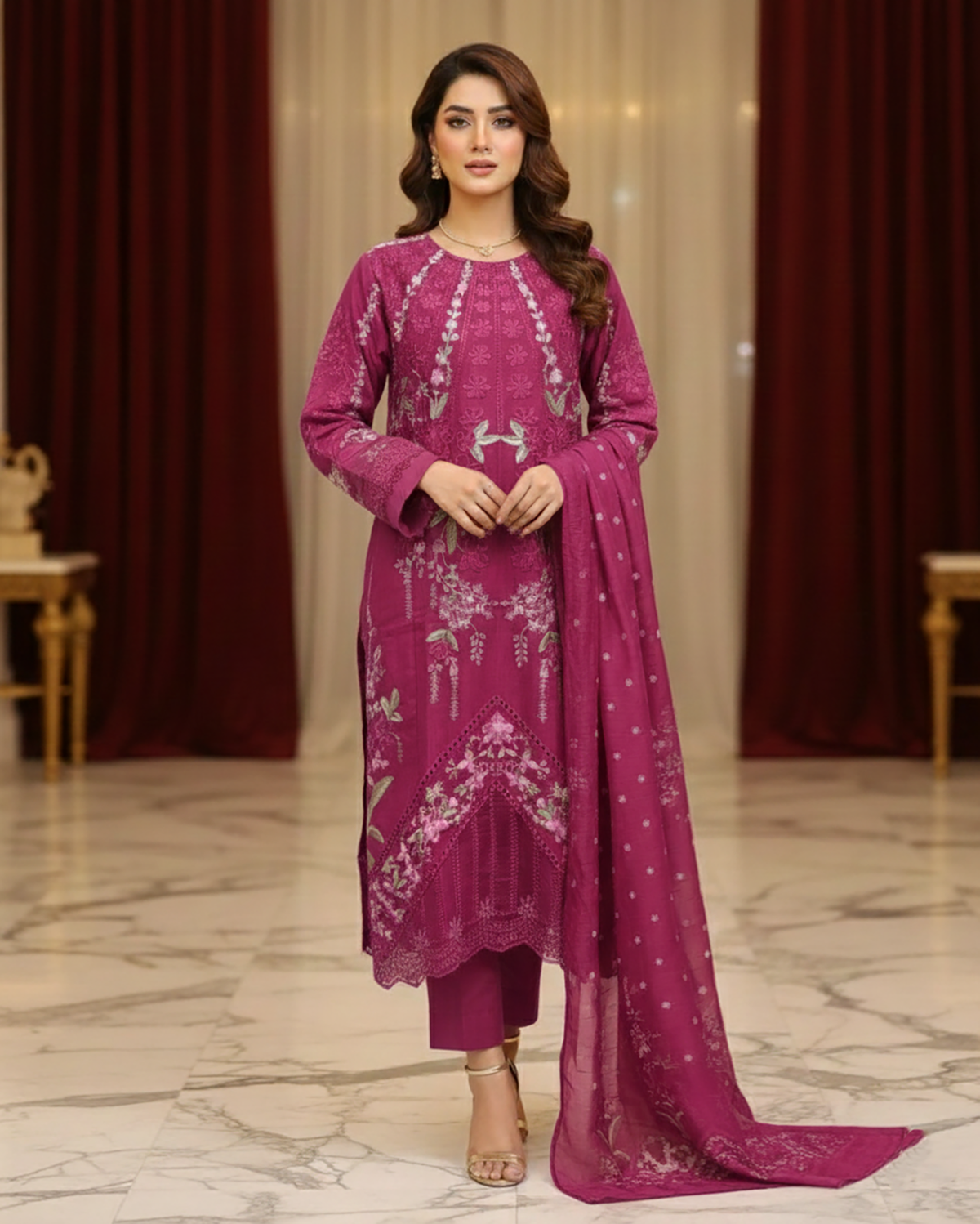 Designer Three Piece | Embroidered - Gul | Premium Winter Cotton