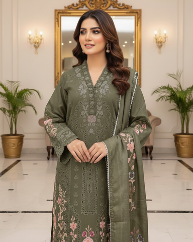Designer Three Piece | Embroidered - Mehrmah | Premium Cotton Khaddar